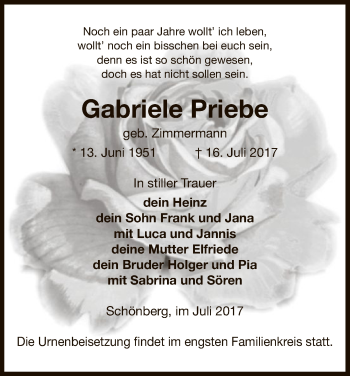 Traueranzeige von Gabriele Priebe von Uelzen