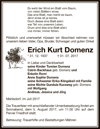 Traueranzeige von Erich Kurt Domenz von Uelzen