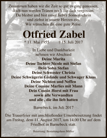 Traueranzeige von Otfried Zabel von Uelzen