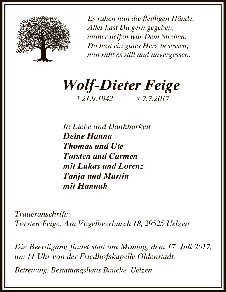  Traueranzeige für Wolf-Dieter Feige vom 12.07.2017 aus Uelzen