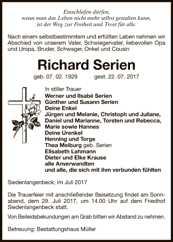 Traueranzeige von Richard Serien von Uelzen