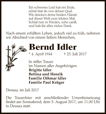 Traueranzeige von Bernd Idler von Uelzen