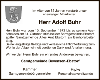 Traueranzeige von Adolf Buhr von Uelzen