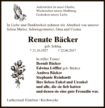 Traueranzeige von Renate Bäcker von Uelzen