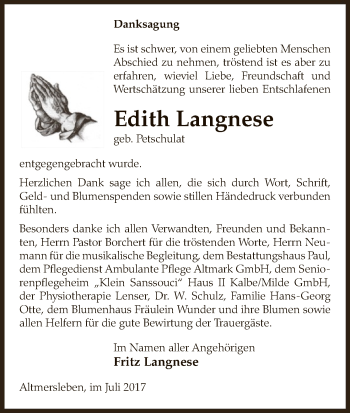 Traueranzeige von Edith Langnese von Uelzen