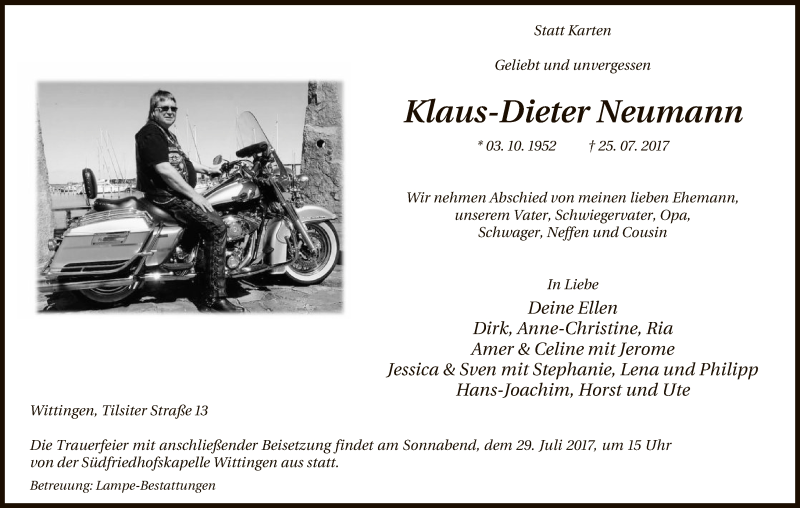  Traueranzeige für Klaus-Dieter Neumann vom 27.07.2017 aus Uelzen