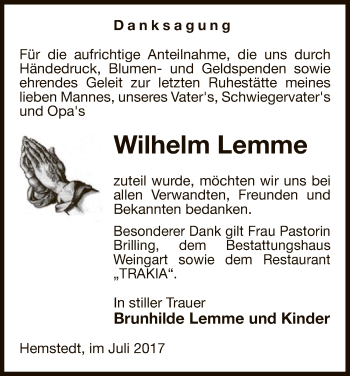 Traueranzeige von Wilhelm Lemme von Uelzen