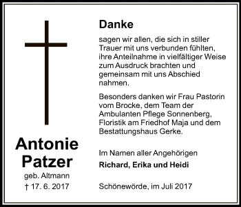 Traueranzeige von Antonie Patzer von Uelzen