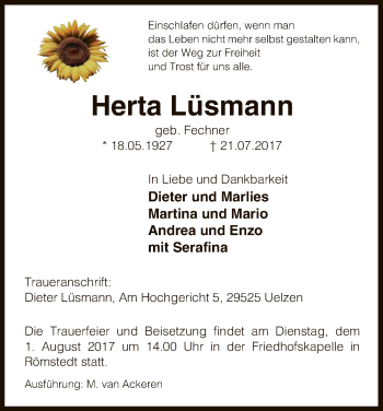 Traueranzeige von Herta Lüsmann von Uelzen