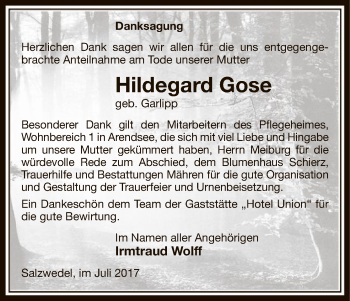 Traueranzeige von Hildegard Gose von Uelzen