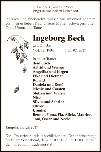 Traueranzeige von Ingeborg Beck von Uelzen