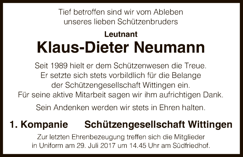  Traueranzeige für Klaus-Dieter Neumann vom 28.07.2017 aus Uelzen