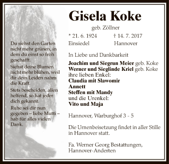 Traueranzeige von Gisela Koke von Uelzen