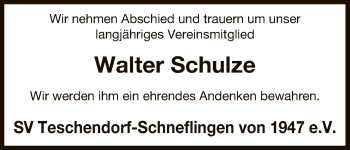 Traueranzeige von Walter Schulze von Uelzen