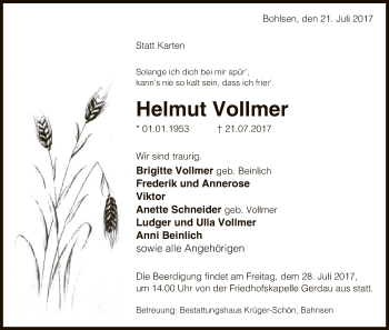 Traueranzeige von Helmut Vollmer von Uelzen