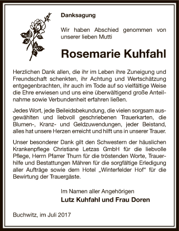 Traueranzeige von Rosemarie Kuhfahl von Uelzen