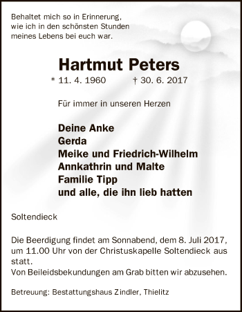 Traueranzeige von Hartmut Peters von Uelzen