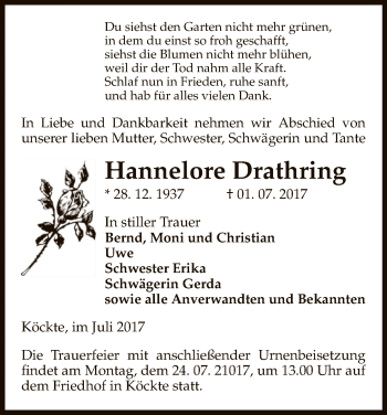 Traueranzeige von Hannelore Drathring von Uelzen