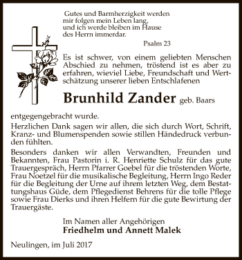 Traueranzeige von Brunhild Zander von Uelzen