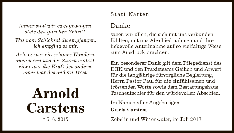  Traueranzeige für Arnold Carstens vom 01.07.2017 aus Uelzen