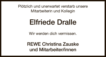 Traueranzeige von Elfriede Dralle von Uelzen