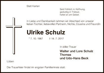 Traueranzeige von Ulrike Schulz von Uelzen