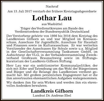 Traueranzeige von Lothar Lau von Uelzen