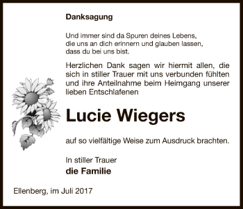 Traueranzeige von Lucie Wiegers von Uelzen