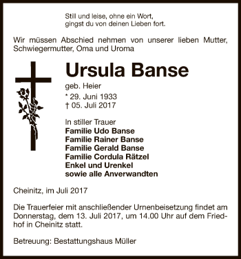 Traueranzeige von Ursula Banse von Uelzen