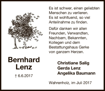 Traueranzeige von Bernhard Lenz von Uelzen