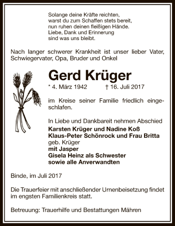 Traueranzeige von Gerd Krüger von Uelzen