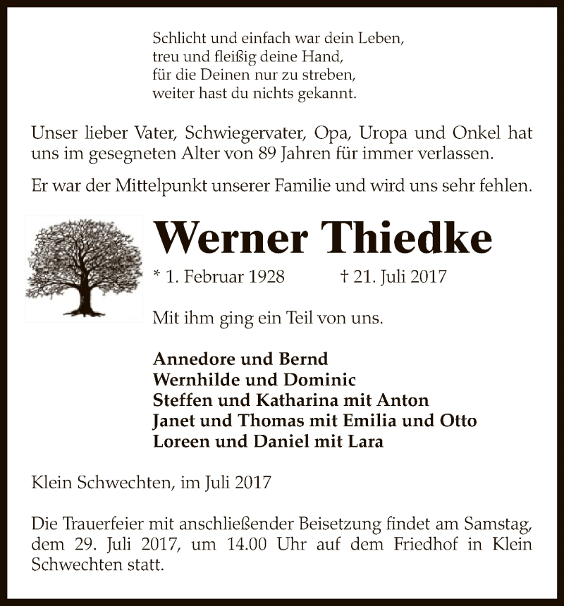  Traueranzeige für Werner Thiedke vom 25.07.2017 aus Uelzen