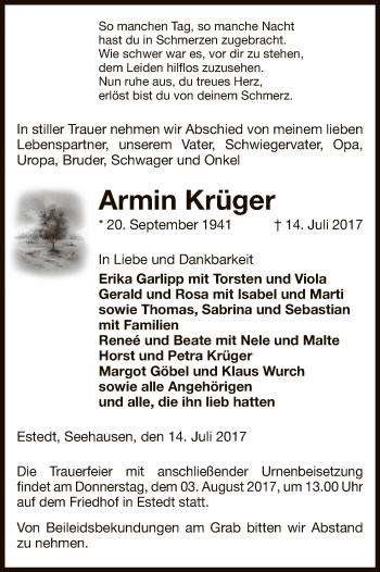 Traueranzeige von Armin Krüger von Uelzen