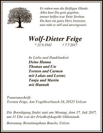 Traueranzeige von Wolf-Dieter Feige von Uelzen