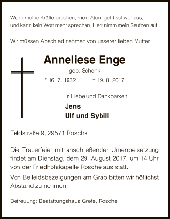 Traueranzeige von Anneliese Enge von Uelzen