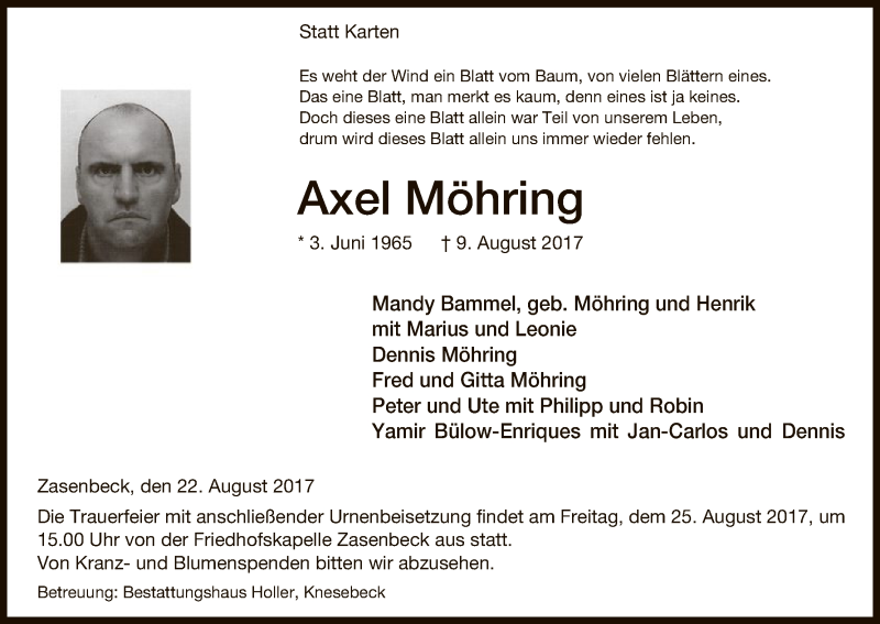  Traueranzeige für Axel Möhring vom 22.08.2017 aus Uelzen