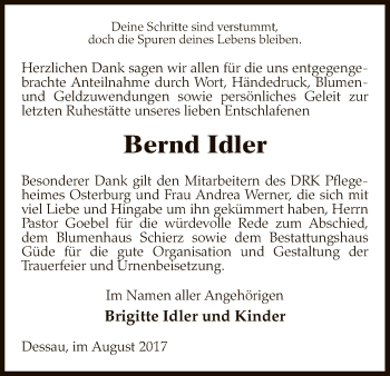 Traueranzeige von Bernd Idler von Uelzen