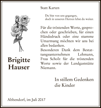 Traueranzeige von Brigitte Hauser von Uelzen