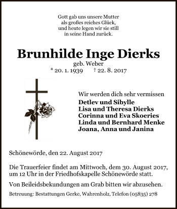 Traueranzeige von Brunhilde Inge Dierks von Uelzen