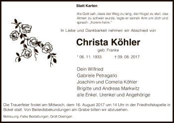 Traueranzeige von Christa Köhler von Uelzen