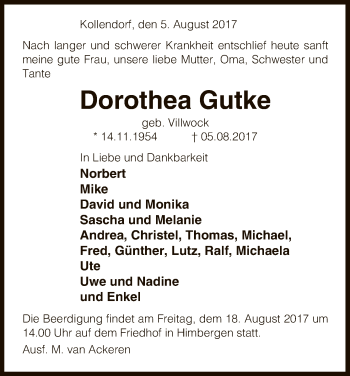 Traueranzeige von Dorothea Gutke von Uelzen