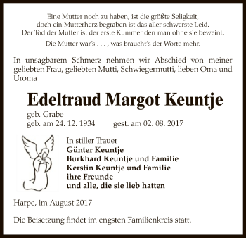 Traueranzeige von Edeltraud Margot Keuntje von Uelzen