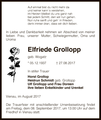 Traueranzeige von Elfriede Grollopp von Uelzen