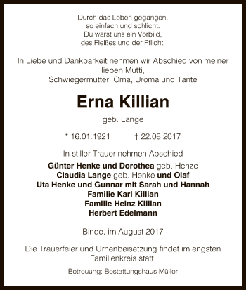 Traueranzeige von Erna Killian von Uelzen