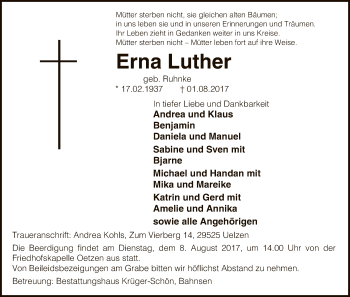 Traueranzeige von Erna Luther von Uelzen