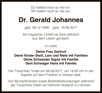 Traueranzeige von Gerald Johannes von Uelzen