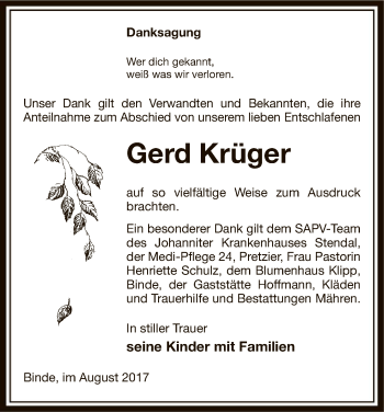 Traueranzeige von Gerd Krüger von Uelzen