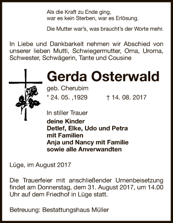 Traueranzeige von Gerda Osterwald von Uelzen