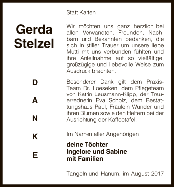 Traueranzeige von Gerda Stelzel von Uelzen