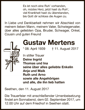 Traueranzeige von Gustav Mertens von Uelzen